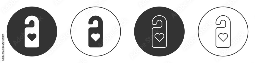 Black Please do not disturb with heart icon isolated on white background. Hotel Door Hanger Tags. Circle button. Vector Black Please do not disturb with heart icon isolated on white background. Hotel Door Hanger Tags. Circle button. Vector