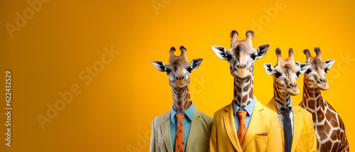 Creative animal concept. Giraffe in a group, vibrant bright fashionable outfits isolated on solid background advertisement, copy text space. birthday party invite invitation banner
