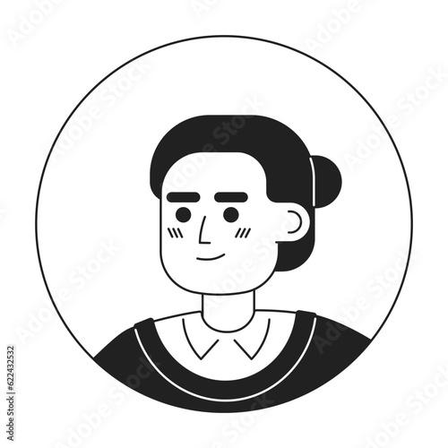 Asian serious woman monochrome flat linear character head. Adult lady with bun hairstyle. Editable outline hand drawn human face icon. 2D cartoon spot vector avatar illustration for animation