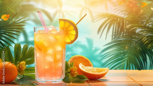  a glass of orange juice with a straw and orange slices.  generative ai