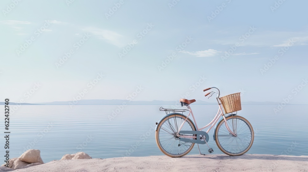 Obraz premium a bicycle parked on a beach next to a body of water. generative ai