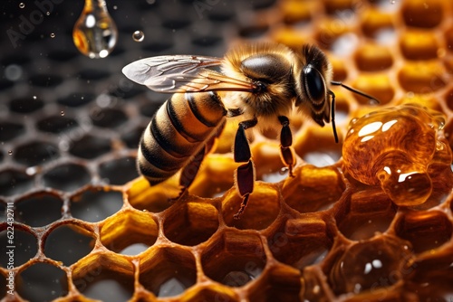 bee yellow insect honey closeup nature apiculture pollen gold macro background. Generative AI. © SHOTPRIME STUDIO