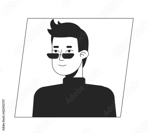 Handsome young man in glasses black white cartoon avatar icon. Editable 2D character user portrait, linear flat illustration. Vector face profile. Outline person head and shoulders