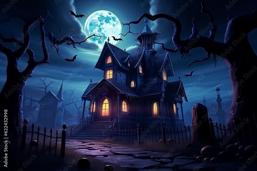Halloween background at night with a house, moon, bats and spooky pumpkins