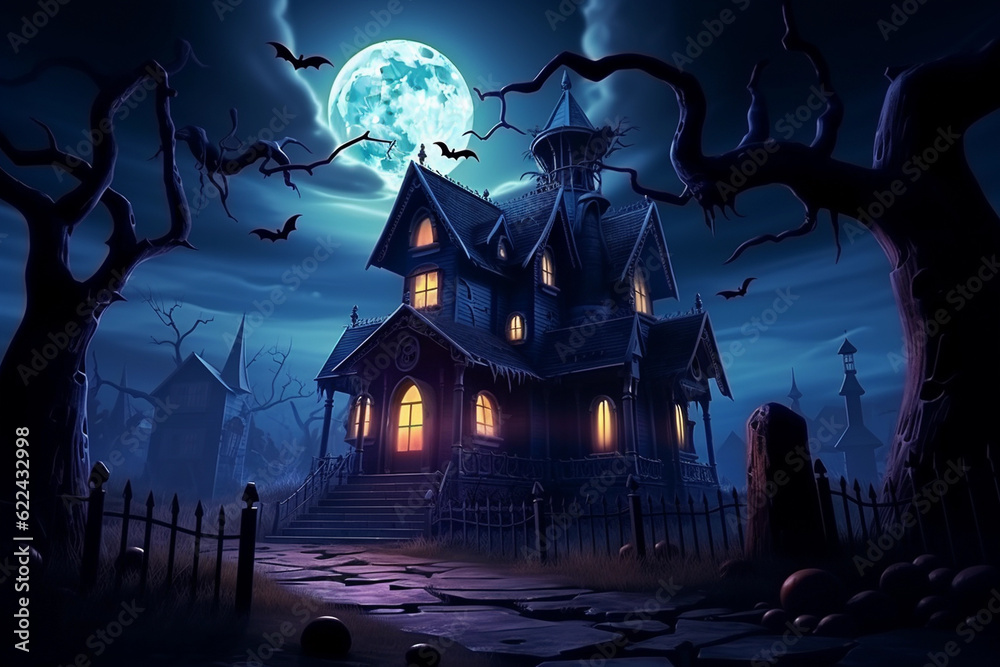 Fototapeta premium Halloween background at night with a house, moon, bats and spooky pumpkins