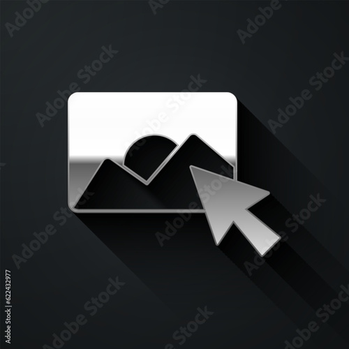Silver Photo retouching icon isolated on black background. Photographer, photography, retouch icon. Long shadow style. Vector