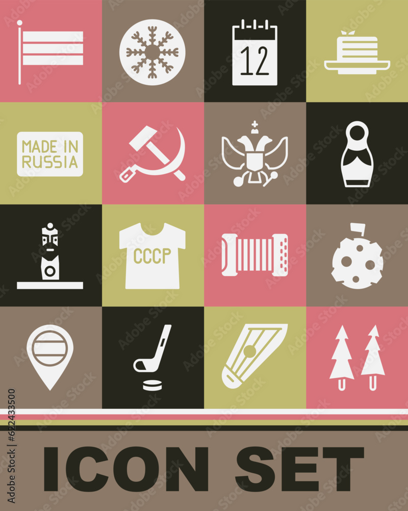 Set Christmas tree, Moon with flag, Russian doll matryoshka, Calendar 12 june, Hammer and sickle USSR, Made in, National and emblem of icon. Vector Set Christmas tree, Moon with flag, Russian doll matryoshka, Calendar 12 june, Hammer and sickle USSR, Made in, National and emblem of icon. Vector