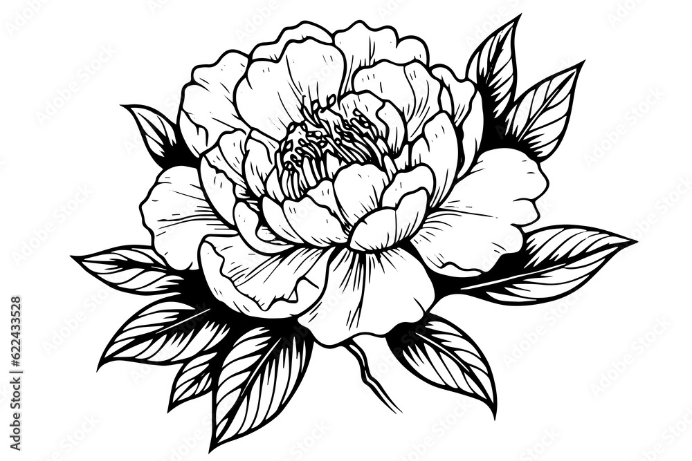 Peony flower and leaves drawing. Vector hand drawn engraved ink illustration