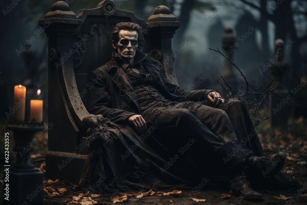 Halloween vampire in a graveyard sitting on a grave
