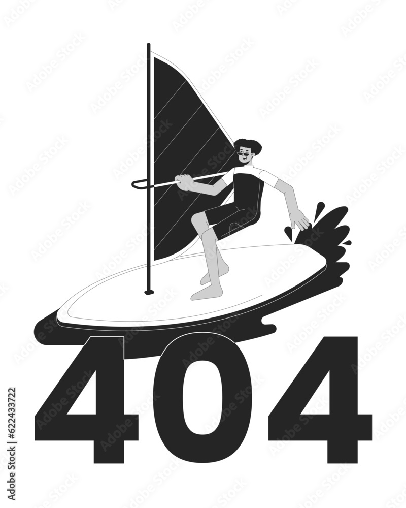 Extreme windsurfing sport black white error 404 flash message. Swimwear latin man surfing with sail. Mono empty state ui design. Page not found popup cartoon image. Vector flat outline illustration Extreme windsurfing sport black white error 404 flash message. Swimwear latin man surfing with sail. Mono empty state ui design. Page not found popup cartoon image. Vector flat outline illustration
