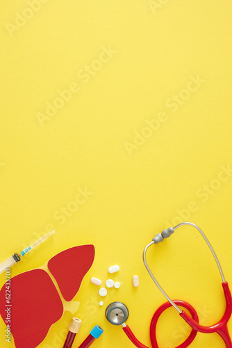 Reminder to prioritize liver health. Top view vertical shot of paper liver, stethoscope, blood samples, tablets, syringe on yellow background with empty space for message