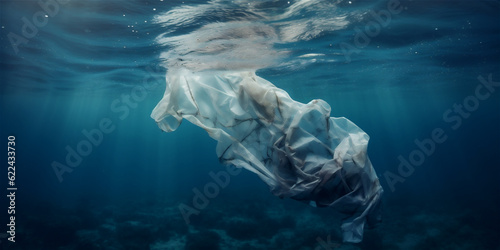 A plastic bag trash floating underwater in the sea, sea life pollution, ai generated 