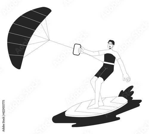 Kitesurfing bw vector spot illustration. Surfer with kite standing on board 2D cartoon flat line monochromatic character for web UI design. Water sports editable isolated outline hero image
