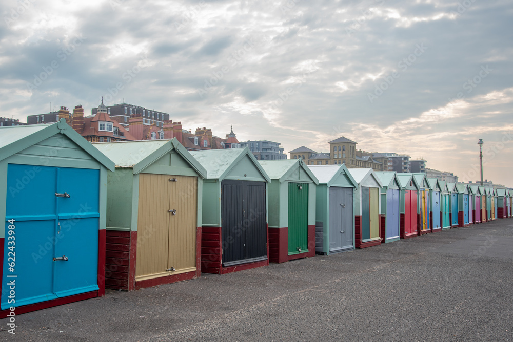 Colorful wooden beach huts on the coastal route in Brighton united Kingdom