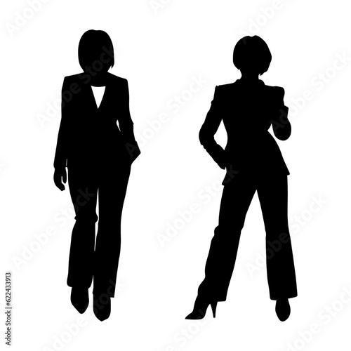 Vector illustration. Silhouette of two women colleagues girlfriends in classic clothes. Businesswoman secretary.