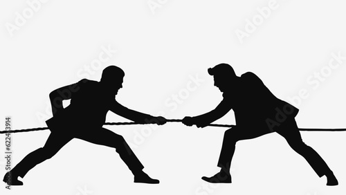 Business people pulling rope in opposite directions. Black silhouette. Vector illustration