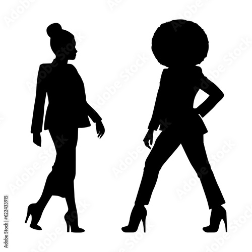 Vector illustration. Silhouette of two women colleagues girlfriends in classic clothes. Businesswoman secretary.