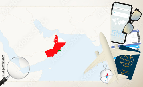 Oman map and flag, cargo plane on the detailed map of Oman with flag.