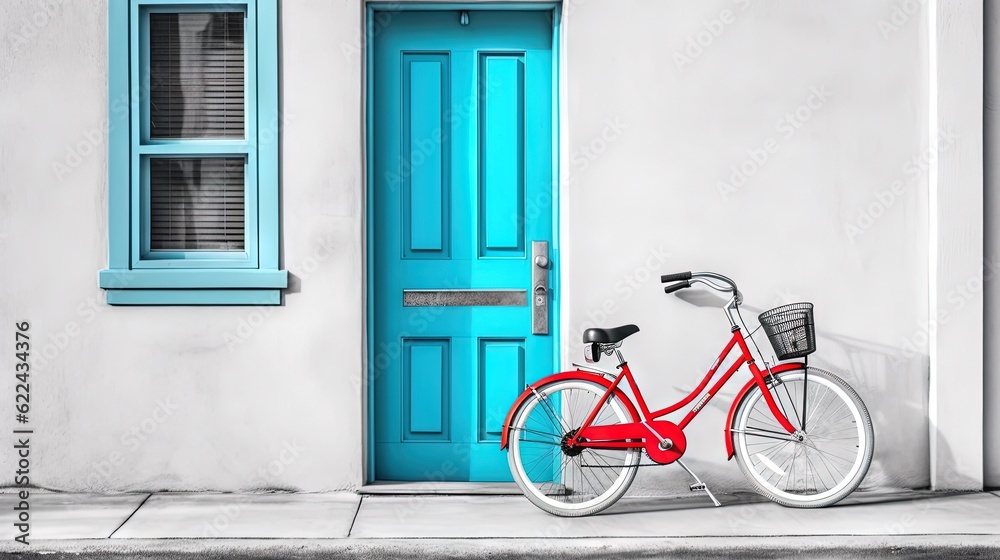  a red bike parked in front of a blue door and window.  generative ai