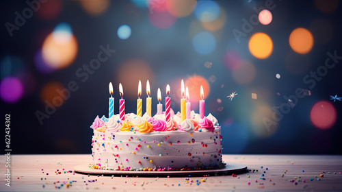 Colorful Birthday Cake with Birthday Candles and Confetti  Celebrate a Happy Birthday - Generative Ai