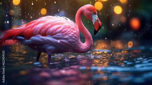  a pink flamingo standing in the water with its head in the water. generative ai