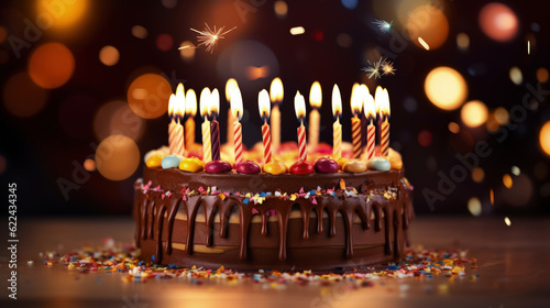 Colorful Birthday Cake with Birthday Candles and Confetti, Celebrate a Happy Birthday - Generative Ai