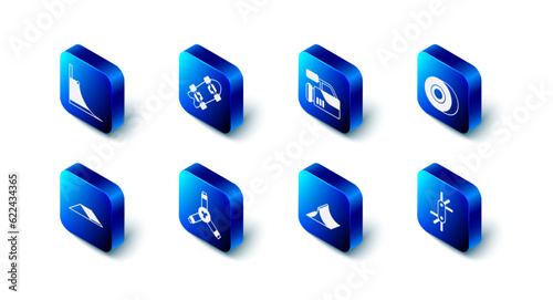 Set Longboard or skateboard, Cinema camera, Skateboard wheel, Tool allen keys, park, Y-tool, and icon. Vector