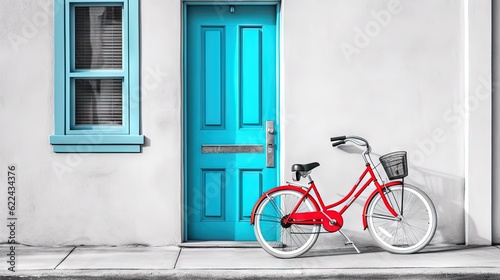  a red bike parked in front of a blue door and window.  generative ai © Anna