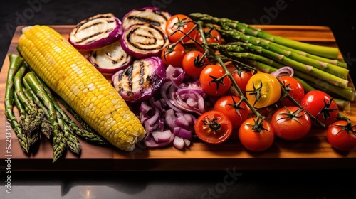  a wooden cutting board topped with vegetables and a corn on the cob.  generative ai