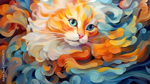  a painting of a cat with blue eyes and orange hair. generative ai