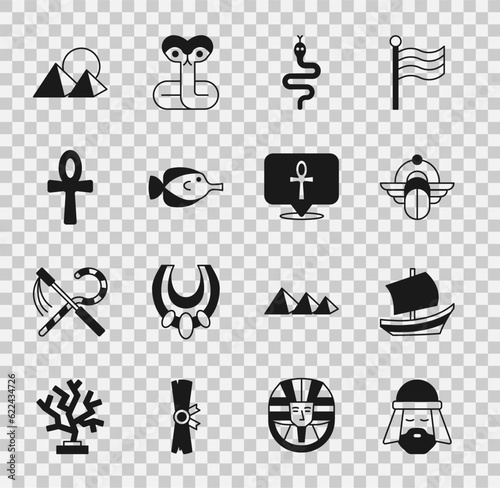 Set Egyptian man, ship, Scarab, Snake, Butterfly fish, Cross ankh, pyramids and icon. Vector