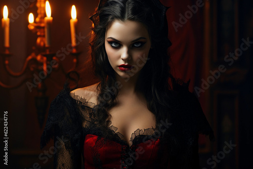 Female vampire costume for Halloween with candles in the background