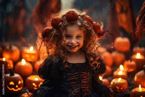 Young girl wearing a Halloween costume with some decoration pumpkins and candles in the background