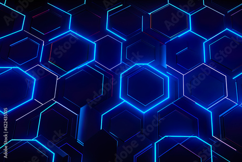 Abstract futuristic digital geometric technology hexagon background banner panorama illustration, seamless pattern - Dark blue glowing hexagonal 3d shape texture | Generative AI