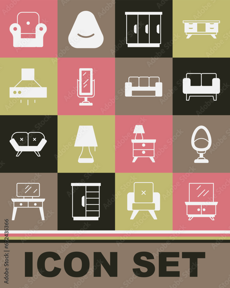 Set Dressing table, Armchair, Sofa, Wardrobe, Big full length mirror, Kitchen extractor fan, and icon. Vector Set Dressing table, Armchair, Sofa, Wardrobe, Big full length mirror, Kitchen extractor fan, and icon. Vector
