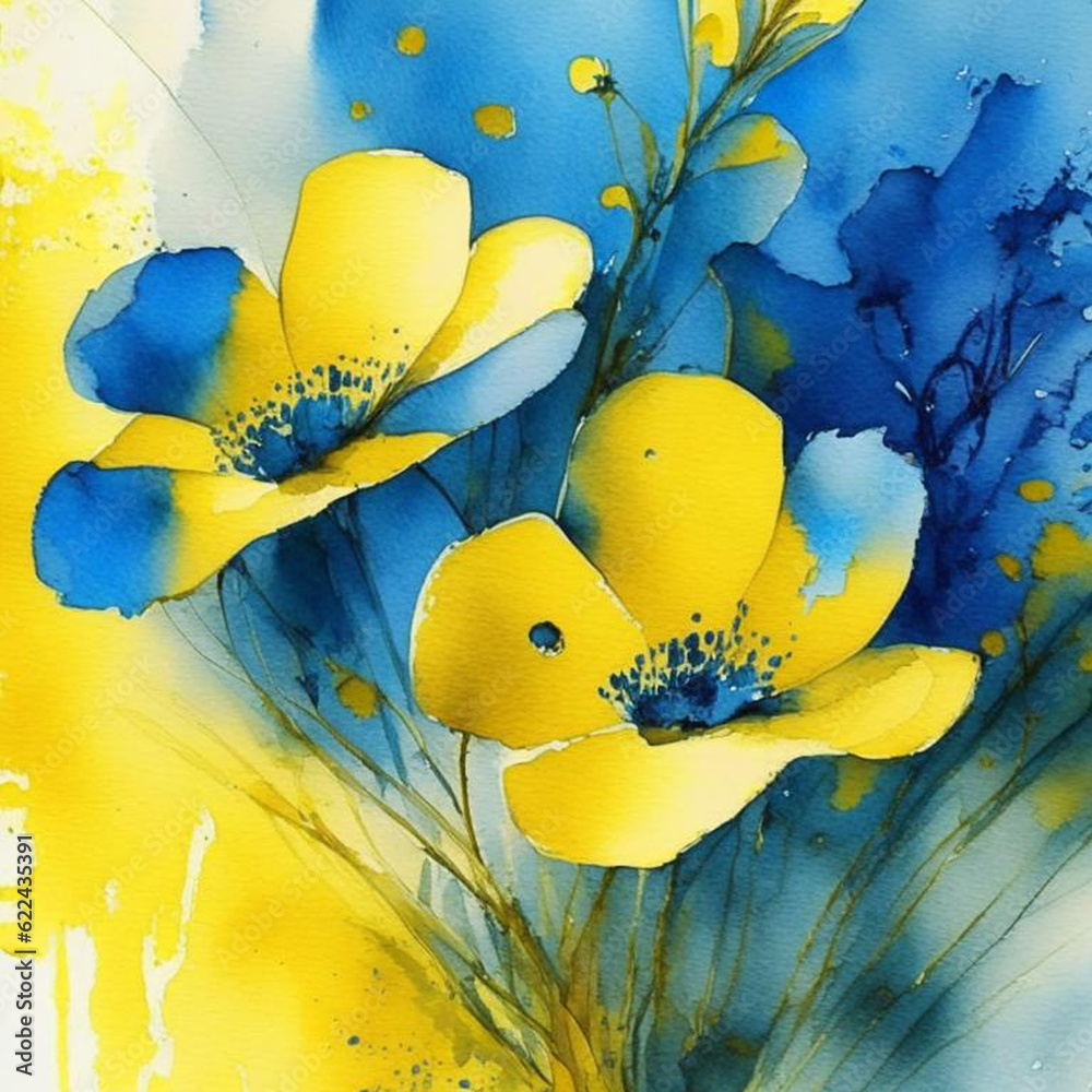 Blue and yellow watercolor flowers with stems and leaves. Watercolor ...