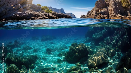  the water is very clear and blue with some rocks in it. generative ai