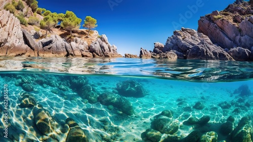  the water is crystal clear and clear with rocks in the background. generative ai