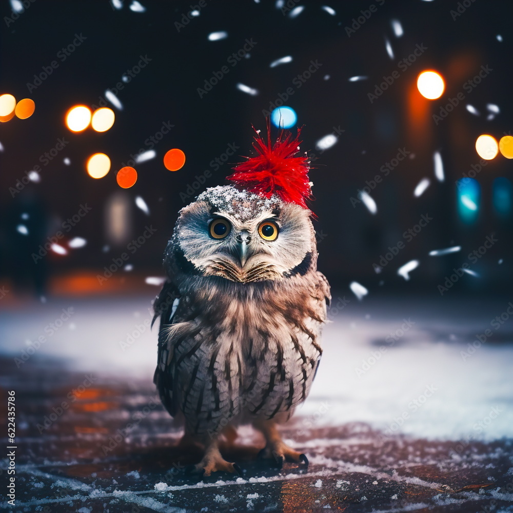 A funny cute owl stands on a snowy street under the snow against the background of colored lights.Christmas card theme.Generative AI A funny cute owl stands on a snowy street under the snow against the background of colored lights.Christmas card theme.Generative AI