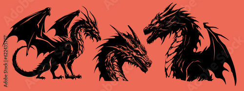 Graphic silhouette of black dragon isolated on red background. Vector illustration .