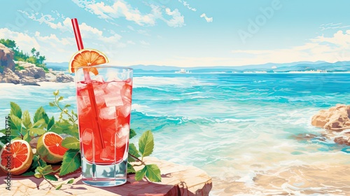  a painting of a drink on a beach with a view of the ocean. generative ai