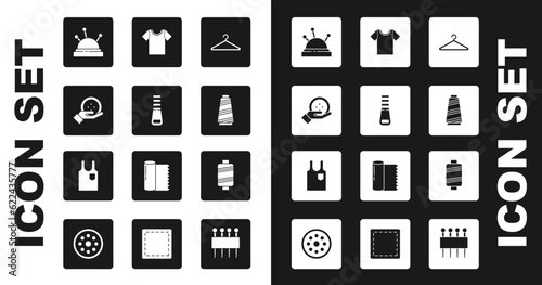 Set Hanger wardrobe, Zipper, Sewing button, Needle bed and needles, thread, T-shirt, and Sleeveless icon. Vector