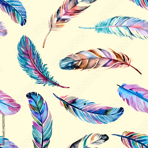 Watercolor feathers blue and pink color seamless pattern print on beige vector 