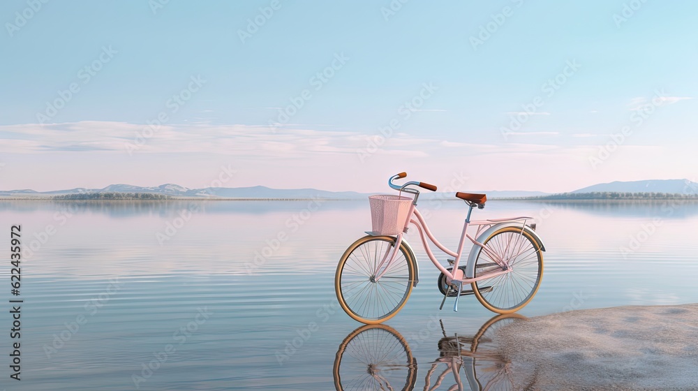 Fototapeta premium a pink bike parked on the shore of a lake with a basket on the front. generative ai