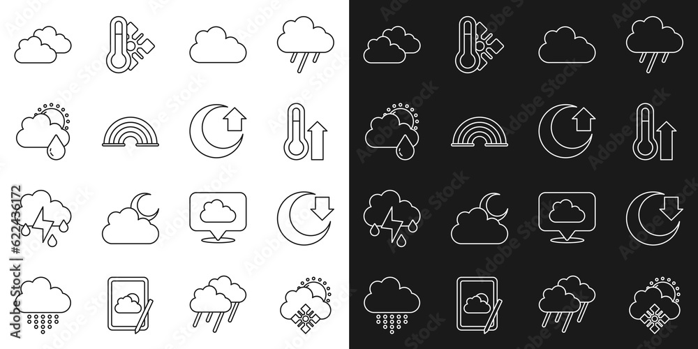 Set line Cloud with snow and sun, Moon, Meteorology thermometer, Rainbow, rain, and icon. Vector