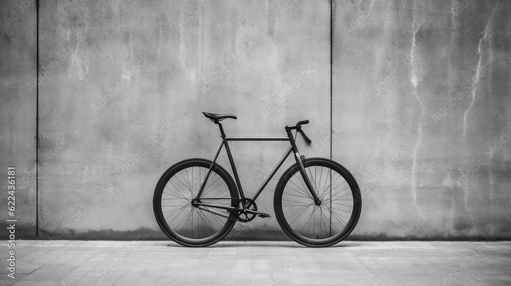  a black and white photo of a bike leaning against a wall.  generative ai