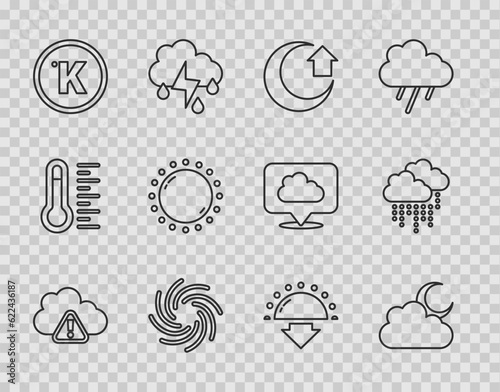 Set line Storm warning, Cloud with moon, Moon, Tornado, Kelvin, Sun, Sunset and rain icon. Vector
