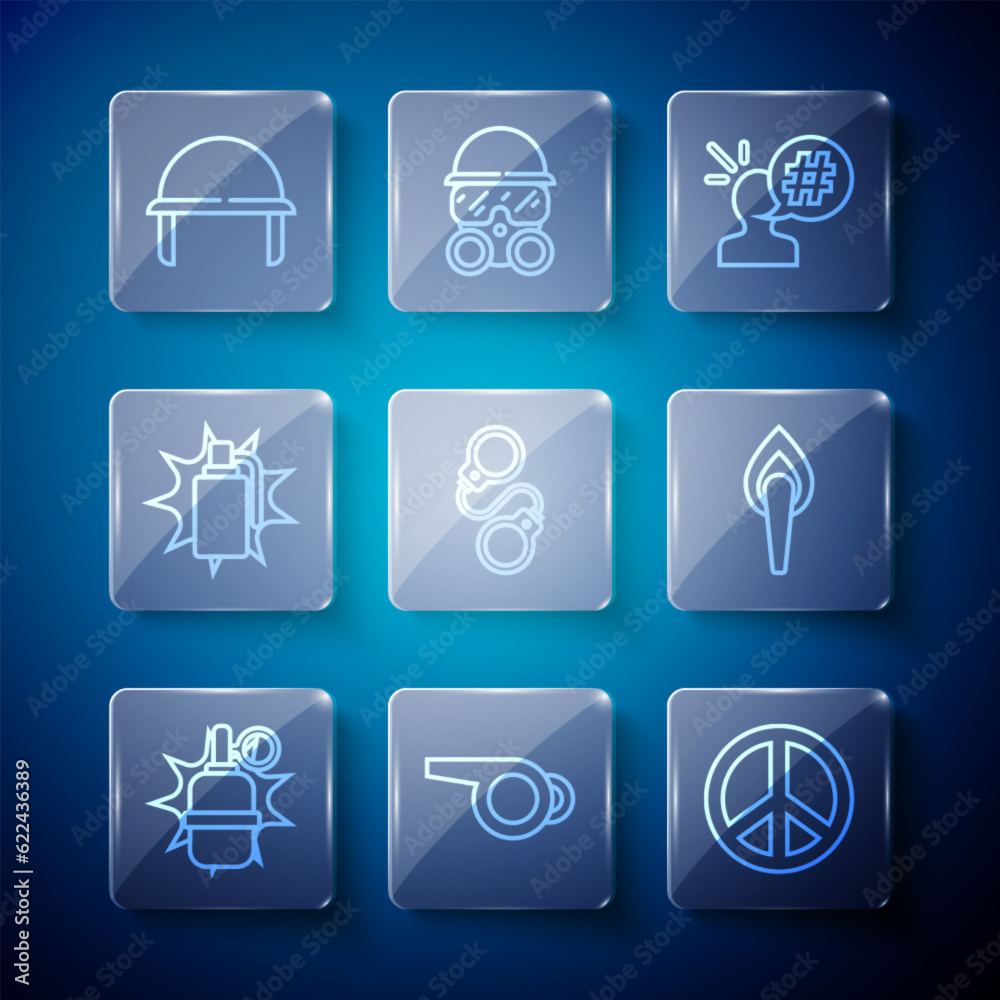 Set line Hand grenade, Whistle, Peace, Protest, Handcuffs, Military helmet and Torch flame icon. Vector Set line Hand grenade, Whistle, Peace, Protest, Handcuffs, Military helmet and Torch flame icon. Vector