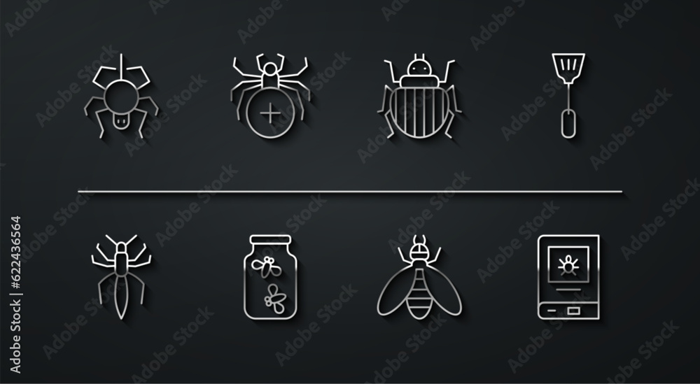 Set line Spider, Fly swatter, Bee, Fireflies bugs in jar, Book about insect and Colorado beetle icon. Vector Set line Spider, Fly swatter, Bee, Fireflies bugs in jar, Book about insect and Colorado beetle icon. Vector