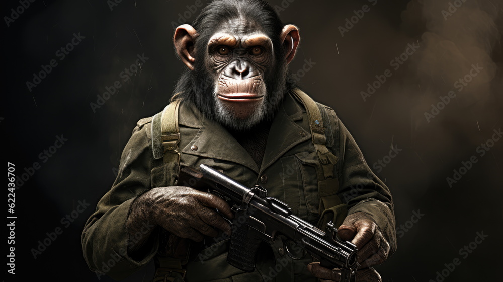 Portrait of an aggressive ape with a gun in his hand. The concept of ...